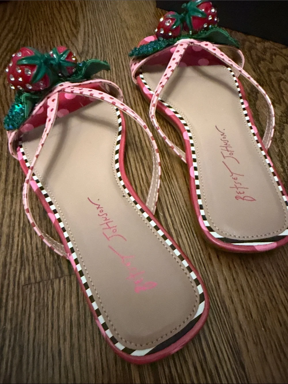 Betsey Johnson Pink Polka Dot Sandals with Red Strawberry Embellishments